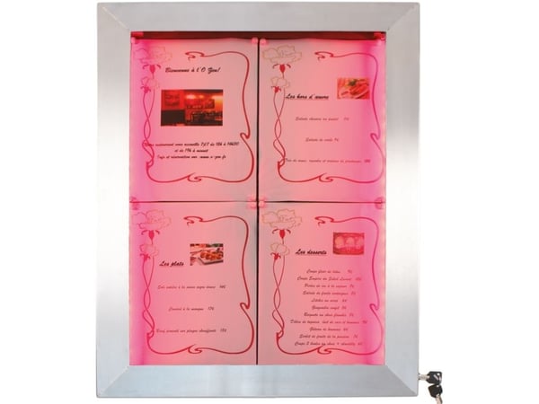 Tietonäyttö 4xA4 50x75 cm, LED-valo, ruostumaton teräsrunko. Leveres uden stander, fod og batteri