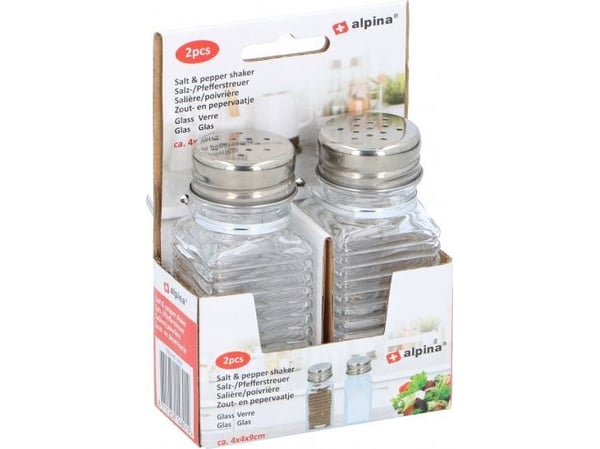 Alpina salt- och pepparkvarn/set shakers i glas/rostfritt stål transparent/silver, 2 st