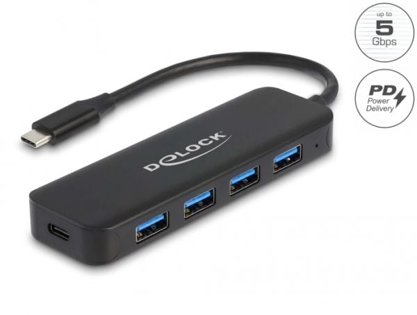 Delock - Hub - 4 x USB 3.2 Gen 1 + 1 x USB-C (strømlevering) - stasjonær