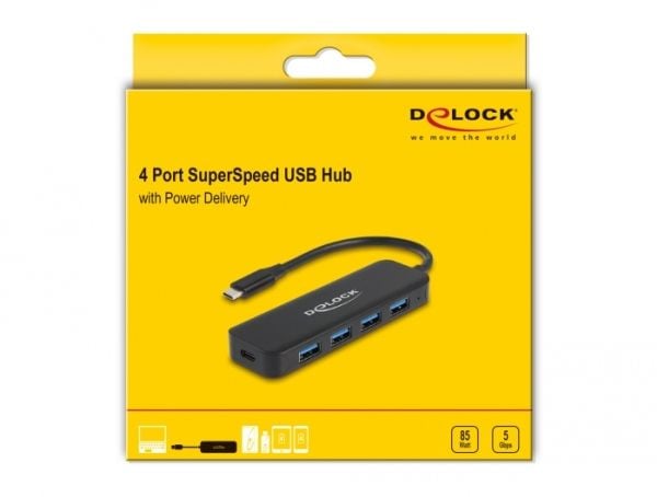 Delock - Hub - 4 x USB 3.2 Gen 1 + 1 x USB-C (strømlevering) - stasjonær