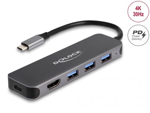 Delock - Hub - 3 x USB 3.2 Gen 1 + 1 x USB-C (strømlevering) + 1 x HDMI - stasjonær