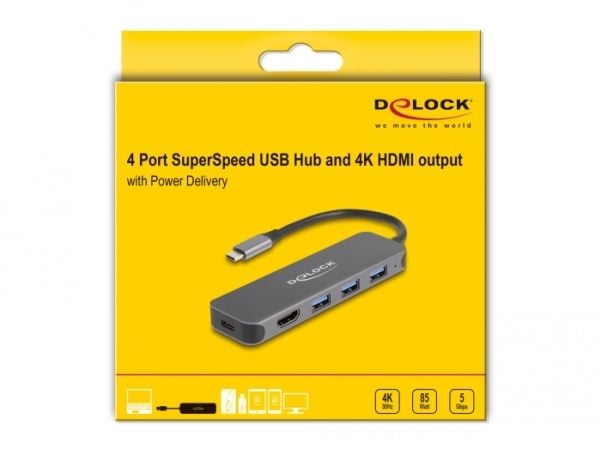 Delock - Hub - 3 x USB 3.2 Gen 1 + 1 x USB-C (strømlevering) + 1 x HDMI - stasjonær