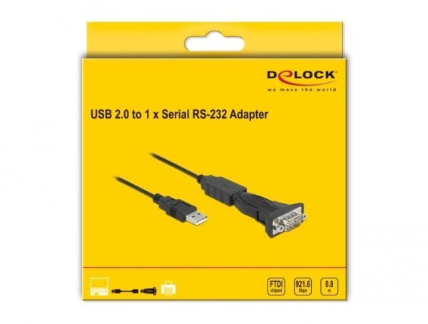 DeLOCK 61506, USB A, RS-232, 0,8 m, Musta
