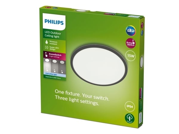 Philips Superslim-taklampe, 15 W, Svart, Metall, Plast, IP54, Terrasse, Hage, II, Tidsriktig