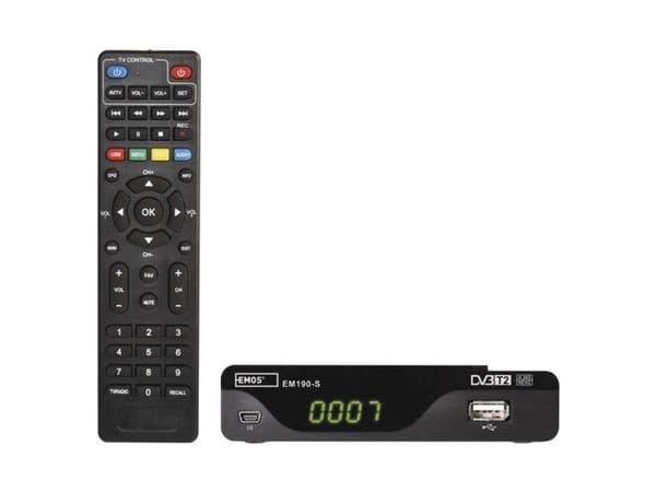 Emos EM190-S, Satelliitti, Full HD, DVB-T, DVB-T2, 480i, 480p, 576i, 576p, 720p, 1080i, 1080p, 4:3, 16:9, AVI, DAT, H.264, H.265, HEVC, MKV, MOV, M...