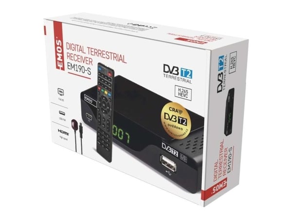 Emos EM190-S, Satelliitti, Full HD, DVB-T, DVB-T2, 480i, 480p, 576i, 576p, 720p, 1080i, 1080p, 4:3, 16:9, AVI, DAT, H.264, H.265, HEVC, MKV, MOV, M...