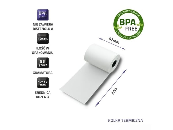 Qoltec - Hvit - Rull (5,7 cm x 30 m) - 55 g/m² - 10 rull(er) termisk papir