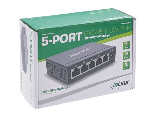 InLine Gigabit-nätverksswitch med 5 portar, 1GBit/s, fläktlös
