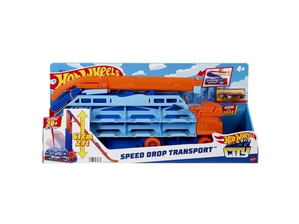 Hot Wheels City Speed Drop Transport-trailerdragare med 1 bil, present till barn från 4 år, Set med fordon och bana, 4 År, Plast, Multifärg