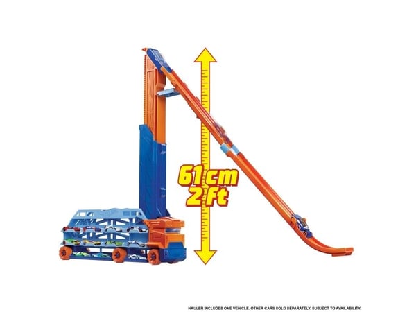 Hot Wheels City Speed Drop Transport-trailerdragare med 1 bil, present till barn från 4 år, Set med fordon och bana, 4 År, Plast, Multifärg