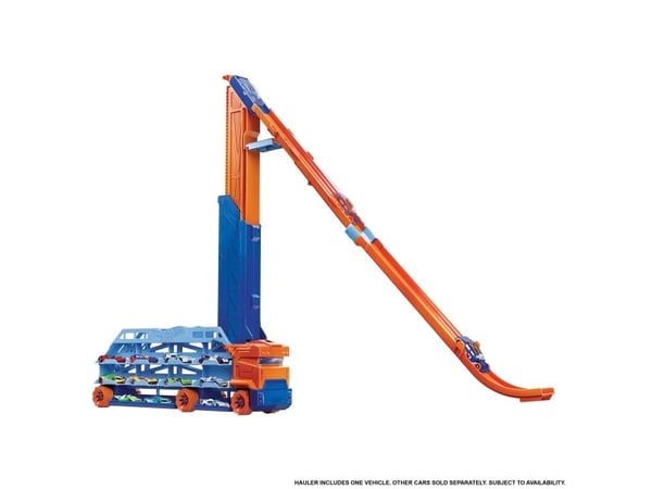 Hot Wheels City Speed Drop Transport-trailerdragare med 1 bil, present till barn från 4 år, Set med fordon och bana, 4 År, Plast, Multifärg