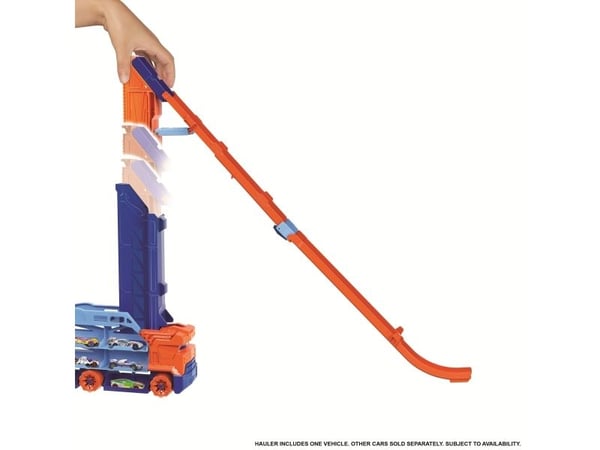 Hot Wheels City Speed Drop Transport-trailerdragare med 1 bil, present till barn från 4 år, Set med fordon och bana, 4 År, Plast, Multifärg