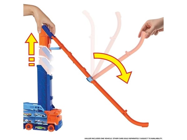 Hot Wheels City Speed Drop Transport-trailerdragare med 1 bil, present till barn från 4 år, Set med fordon och bana, 4 År, Plast, Multifärg