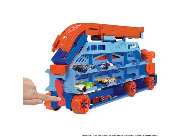 Hot Wheels City Speed Drop Transport-trailerdragare med 1 bil, present till barn från 4 år, Set med fordon och bana, 4 År, Plast, Multifärg