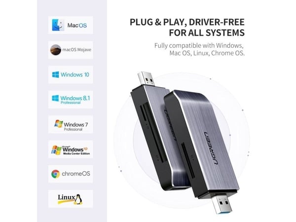 Ugreen 50541, CF, CF-tyyppi II, MMC, MMCmicro, MS PRO, MS Pro-HG, MS XC-HG Duo, Muistitikku (MS), MicroSD..., Terästä, 5000 Mbit/s, USB 3.2 Gen 1 (...