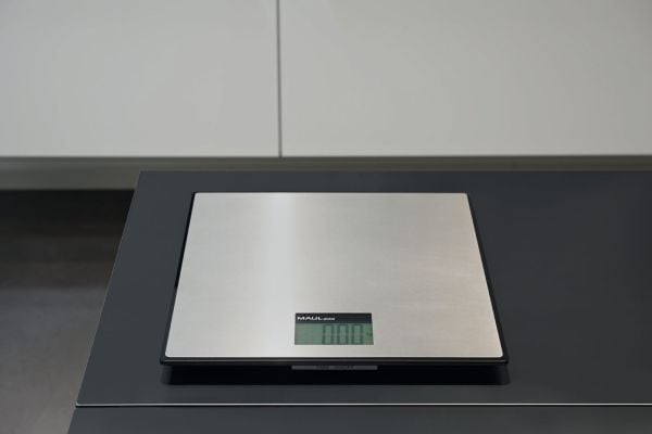 MAULglobal pakkevage, bæreevne: 25 kg, sort - veieflate med rustfritt stål, LCD-display, ett-knapps (17125-90)