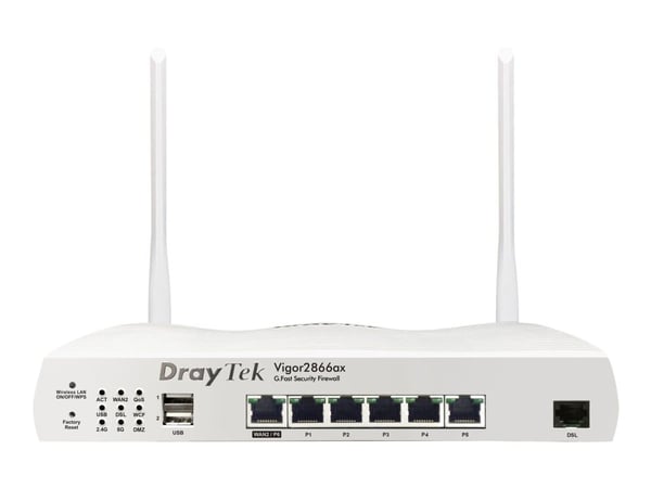 Draytek Vigor 2866ax - Trådløs ruter - DSL-modem 6-porters svitsj - 1GbE, PPP - WAN-porter: 2 - Wi-Fi 6 - Dobbeltbånd - veggmonterbar