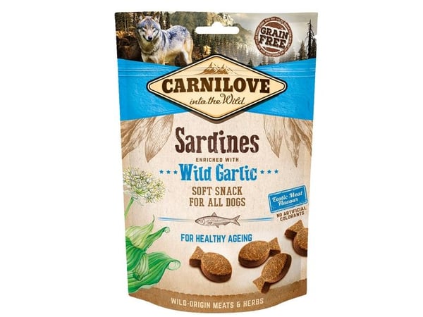 CARNILOVE Semi Moist Snack sardiner beriket med vill hvitløk - hundegodbiter med sardiner og hvitløk - 200 g
