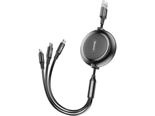 Baseus Golden Loop uttrekkbar kabel 3-i-1 USB - mikro-USB / Lightning / USB-C 3.5A 35 cm - 120 cm svart (CAMLT-JH01)