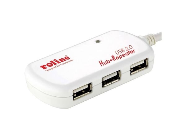 ROLINE USB 2.0 Hub, 4 Ports, with Repeater 12 m, Hvit, 12 mm