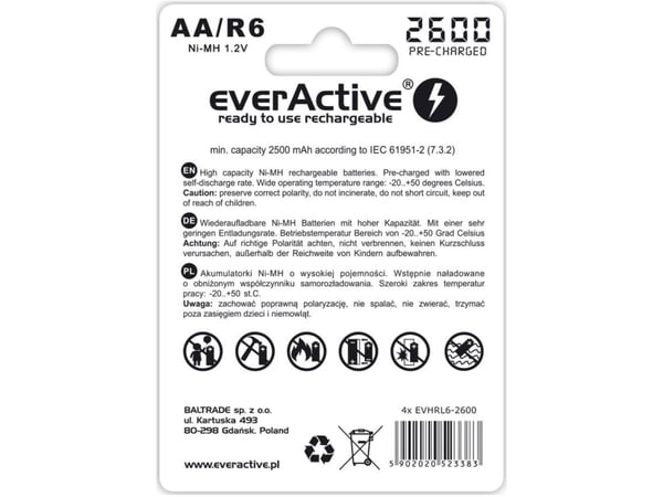 Everactive EVHRL6-2600, Oppladbart batteri, Nikkelmetallhydrid (NiMH), 1,2 V, 4 stykker, 2500 mAh, -20 - 50 °C