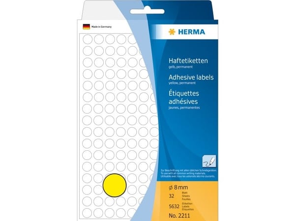 HERMA - Papir - permanent selvklebende - gul - 8 mm rund 5632 etikett(er) (32 ark x 176) runde etiketter