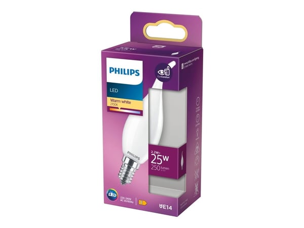 Philips - LED-lyspære - form: BA35 - mattslipt finish - E14 - 2.2 W (ekvivalent 25 W) - klasse E - varmt hvitt lys - 2700 K