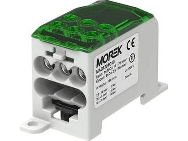 Simet Fördelningsblock CU 1-poligt, 200 A (Cu) 160A (AL) / 70mm2/ TS 35/ ingång 1x10-70 utgång: 6x2,5-16 mm2 grön MAB12