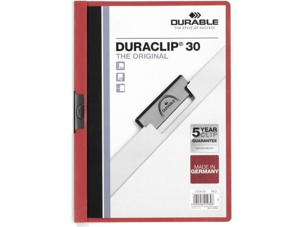 DURABLE DURACLIP 30 - Klipsfil - for A4 (210 x 297 mm) - kapasitet: 30 ark - rød med transparent frontdekke
