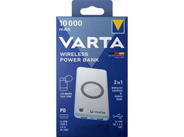 Varta - Trådløs ladepute / nødlader - Li-pol - 10000 mAh - 18 watt - 3 A - QC 3.0, PD - 3 utgangskontakter (USB, USB-C) - på kabel: USB-C