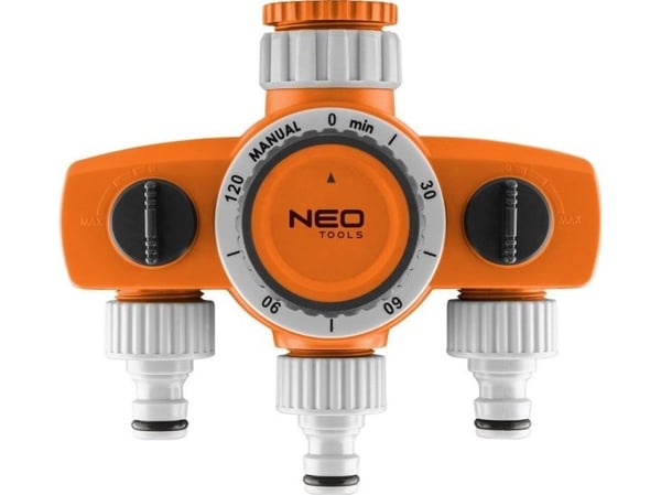 Neo Tools 3-venttiilinen jakotukki, 2 ulostuloa lukituksella, yksi ajastimella varustettuna