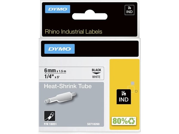 DYMO Shrinkflex valkoinen 6 mm, kutistesuhde 3:1, pituus 1,5 metriä, kaapelin halkaisija min. 1,18 mm max. 2,33 mm