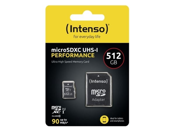 Intenso microSD 512GB UHS-I Perf CL10| Performance, 512 GB, MicroSD, Luokka 10, UHS-I, Class 1 (U1), Iskunkestävä, Lämmönkestävä, Vesitiivis, Röntg...