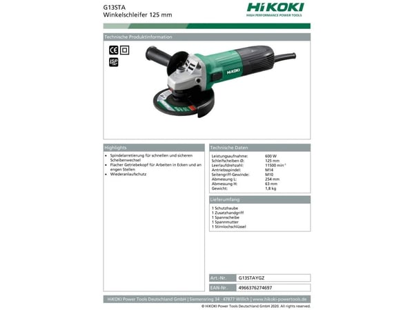 Hikoki G13STA, 1,8 kg