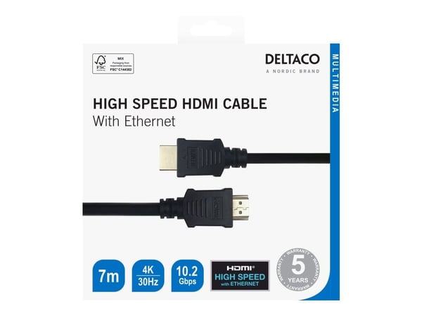 DELTACO - High Speed - HDMI-kabel med Ethernet - HDMI hann til HDMI hann - 7 m - svart - 4K 30Hz støtte