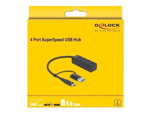 Delock - Hub - 4 x USB 3.2 Gen 1 + 1 x USB-C 3.2 Gen 1 - stasjonær