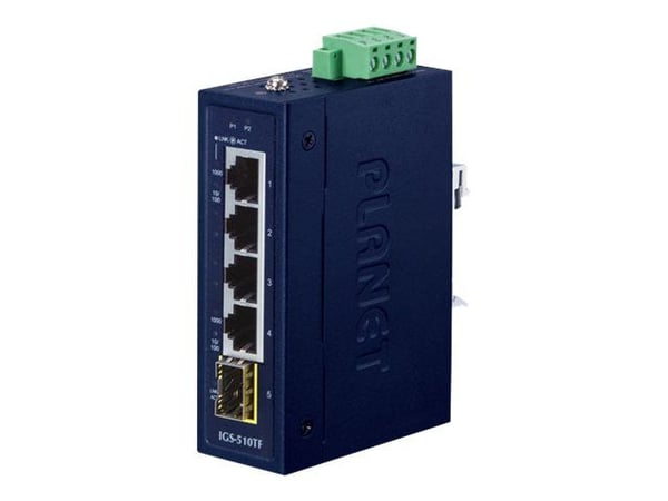 PLANET IGS-510TF - Switch - ikke-styrt - 4 x 10/100/1000 + 1 x 1000Base-X SFP - DIN-skinnemonterbar, veggmonterbar - AC 24 V / DC 9 - 48 V