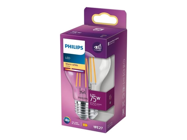 Philips - LED-lyspære - form: A60 - klar finish - E27 - 8.5 W (ekvivalent 75 W) - klasse E - varmt hvitt lys - 2700 K