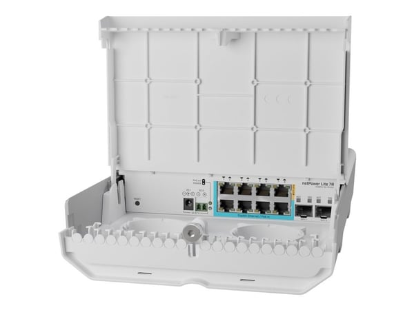 MikroTik netPower Lite 7R - Switch - 7 x 10/100/1000 (passiv/revers PoE) + 1 x 10/100/1000 (PoE-utgang) + 2 x 10 Gigabit SFP+ - takmonterbar, stang...