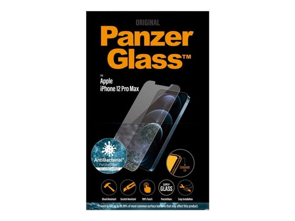 PanzerGlass™ | Antibakteriell - Skjermbeskytter for mobiltelefon - Standard passform - Krystallklar | Apple iPhone 12 Pro Max