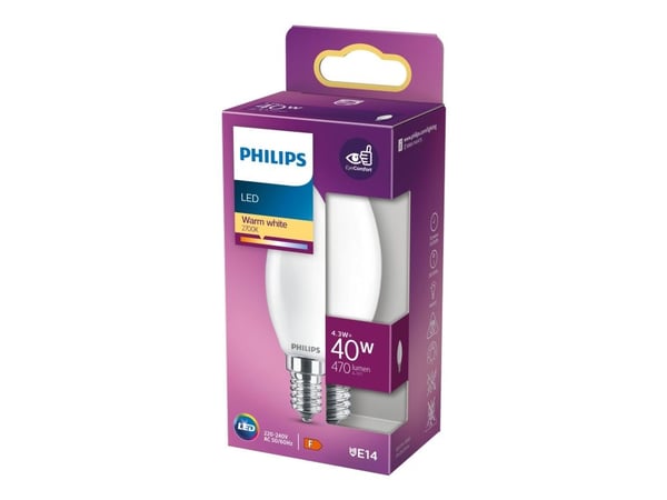 Philips - LED-lyspære - form: B35 - mattslipt finish - E14 - 4.3 W (ekvivalent 40 W) - klasse F - varmt hvitt lys - 2700 K
