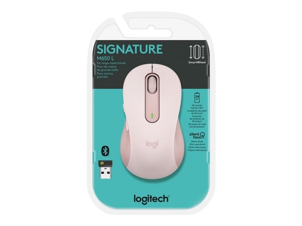 Logitech Signature M650 L - Mus - stor størrelse - optisk - 5 knapper - trådløs - 2.4 GHz, Bluetooth - Logitech Logi Bolt USB-mottaker - rosa