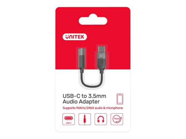 Unitek M1204A - USB-C til hodetelefons-jakkadapter - USB-C hann til minijakk hunn - 11 cm - svart