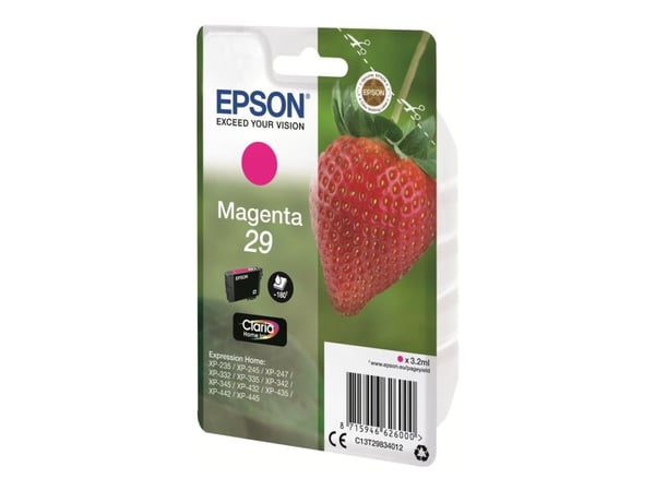 Epson Strawberry Singlepack Magenta 29 Claria Home Ink, Perusvärintuotto, Magenta, Väriainepohjainen muste, 3,2 ml, 1 kpl, 180 sivua