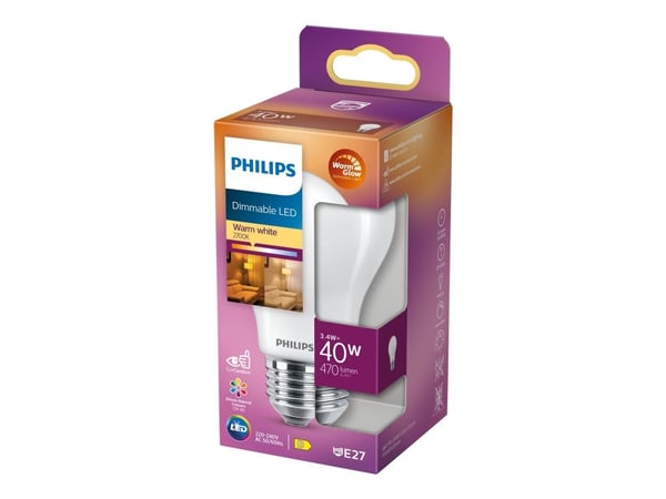 Philips - LED-lyspære - form: A60 - mattslipt finish - E27 - 3.4 W (ekvivalent 40 W) - klasse D - varmt hvitt lys - 2200-2700 K