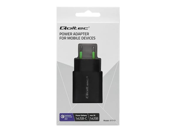 Qoltec Mains charger - Strømadapter - 18 watt - 3 A - PD, QC 3.0 (USB, USB-C) - svart
