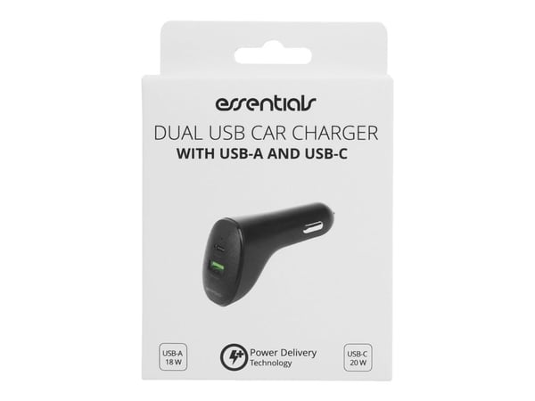 Car Charger, 1x USB-A 18W, 1x USB-C 20W, Black