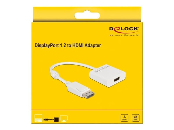 Delock - Video adapter - DisplayPort hann låst til HDMI hunn - 20 cm - hvit - aktiv, 4K 30Hz støtte