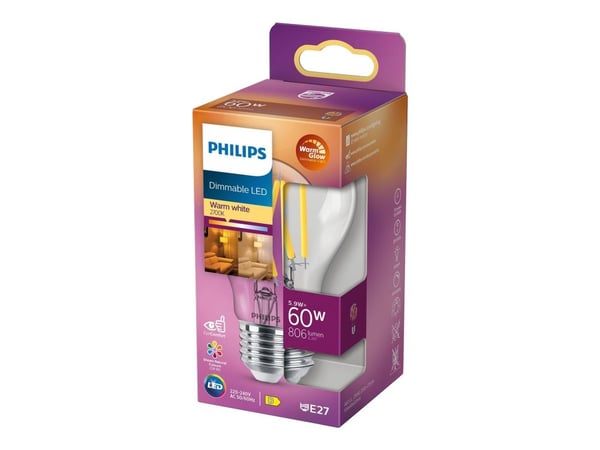 Philips - LED-filamentlyspære - form: A60 - klar finish - E27 - 5.9 W (ekvivalent 60 W) - klasse D - varmt hvitt lys - 2200-2700 K