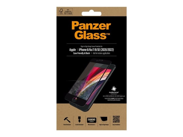 PanzerGlass™ | Case-Friendly - Skærmbeskytter for mobiltelefon - Edge-to-Edge passform - rammefarve sort | Apple iPhone 6, 6s, 7, 8, SE (2. generas...